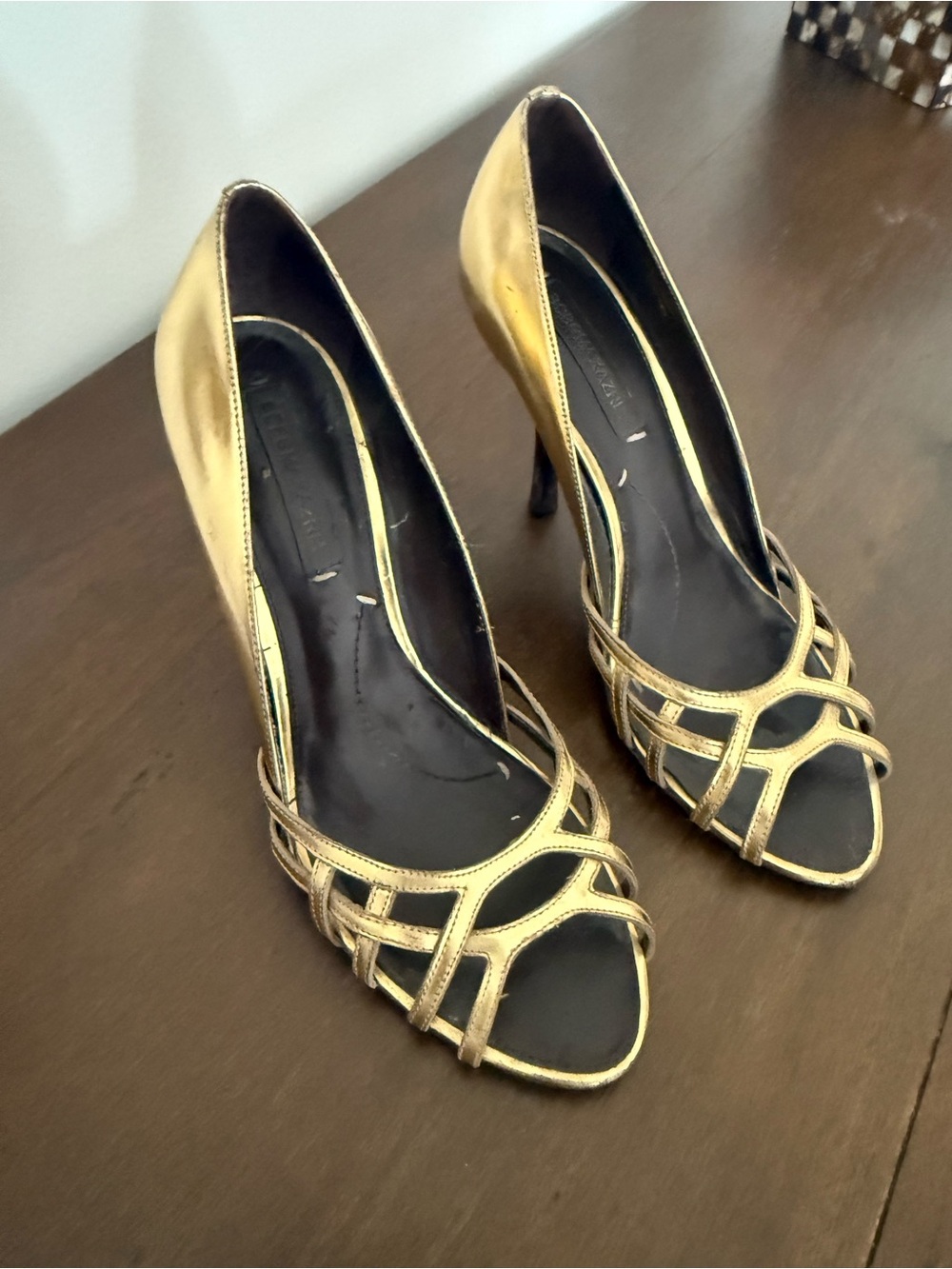 BCBG Metallic Gold Open-Toe High Heel Pumps